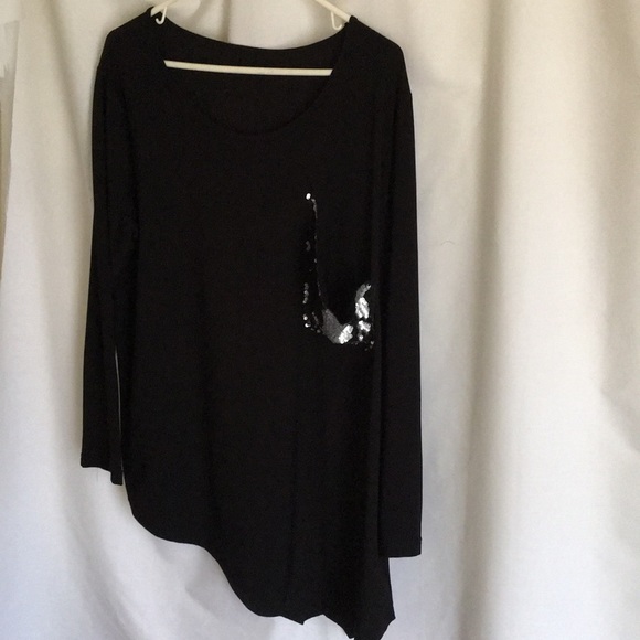 Black Beaded Pocket Long  Sleeve Stretchy Shirt 2X - Picture 4 of 7